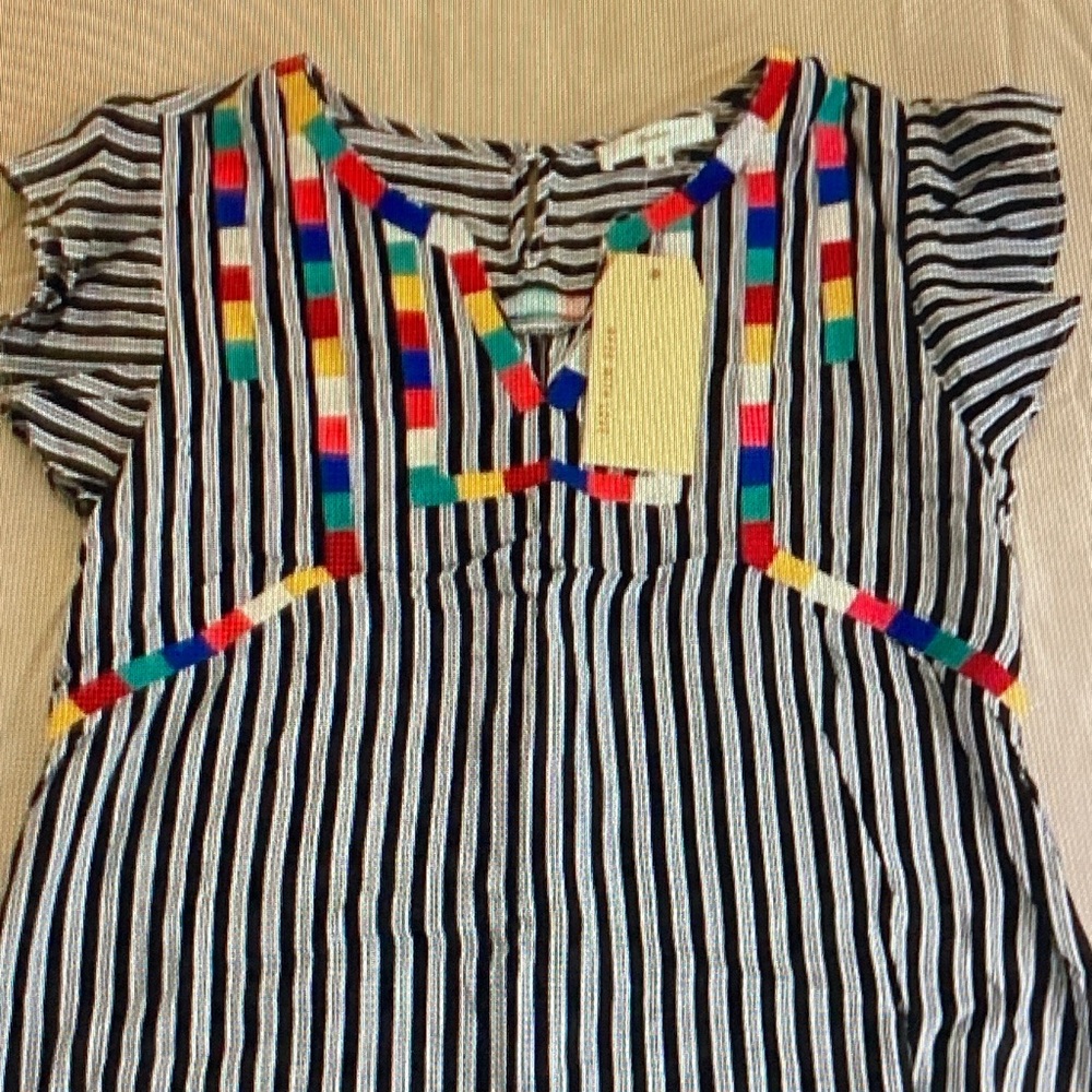 Free People Black and White Striped Embroidered Peasant Blouse